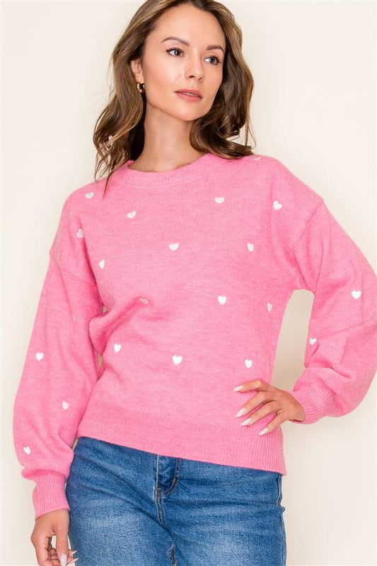 Pink Heart Embroidered Sweater