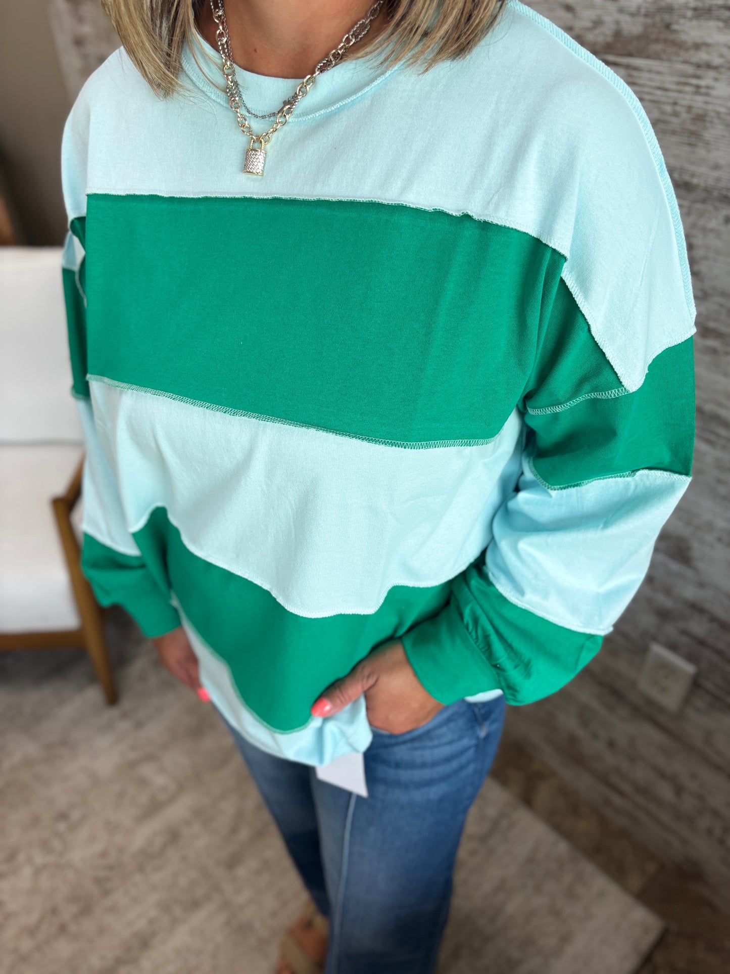 Sky Blue/Green Color Block Striped Pullover