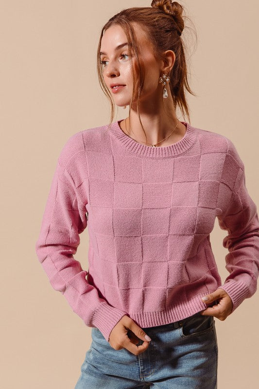 CHECKER PATTERN KNITTED ROUND NECK SWEATER TOP