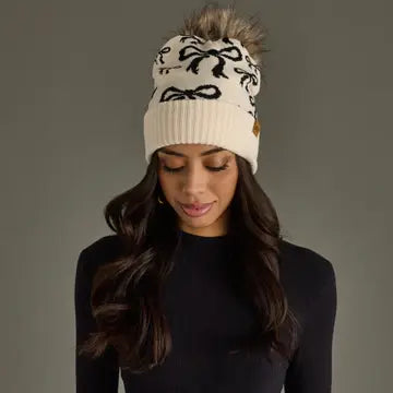 Beige and Black Bow Pom Hat
