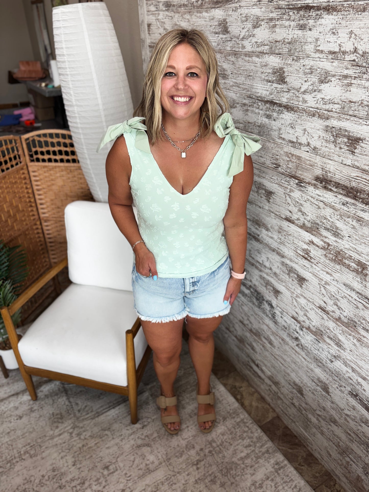 Sage Jacquard Tank with Ribbon Detail