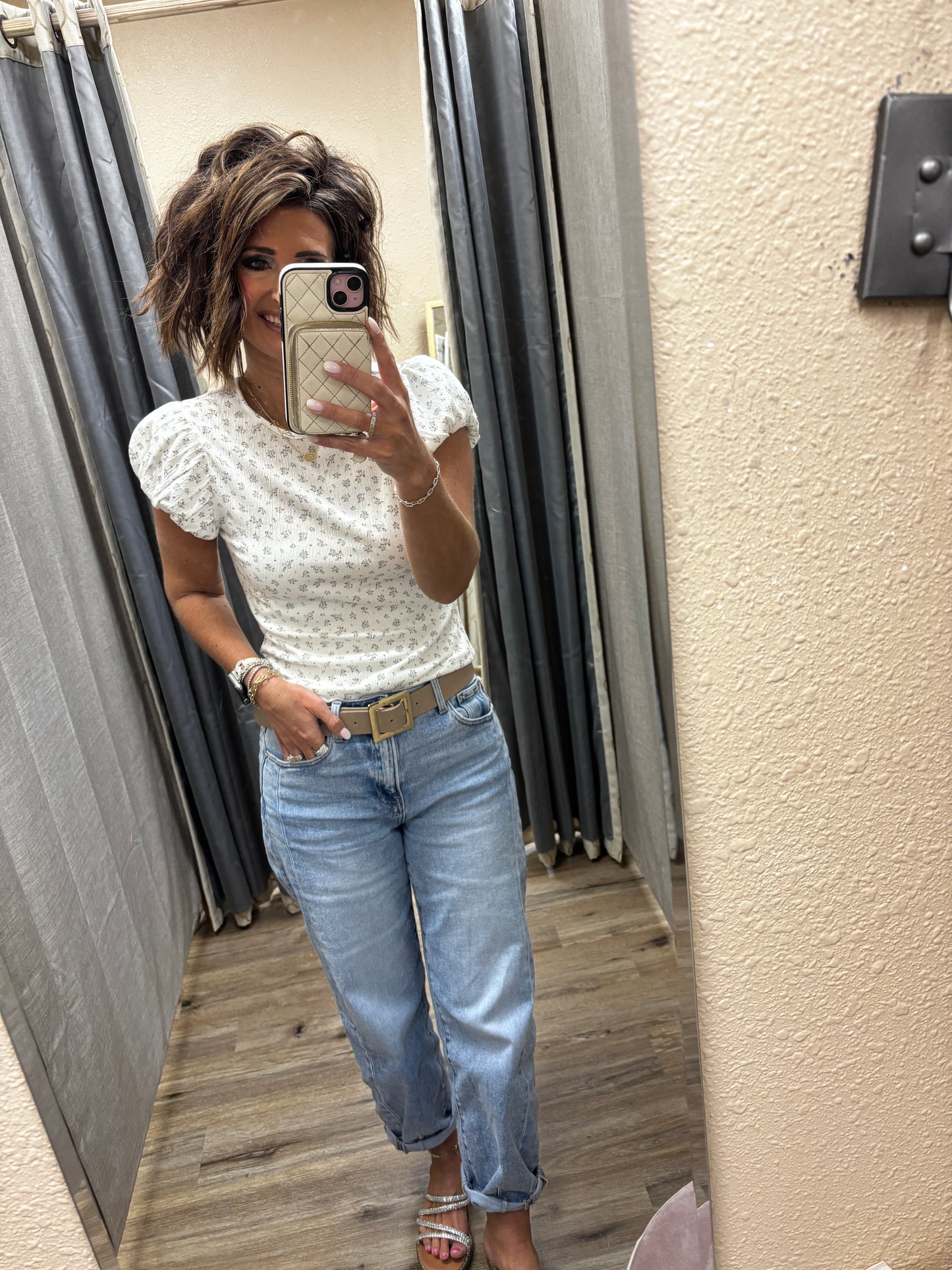 Off White Floral Top with Puff Cap Sleeve