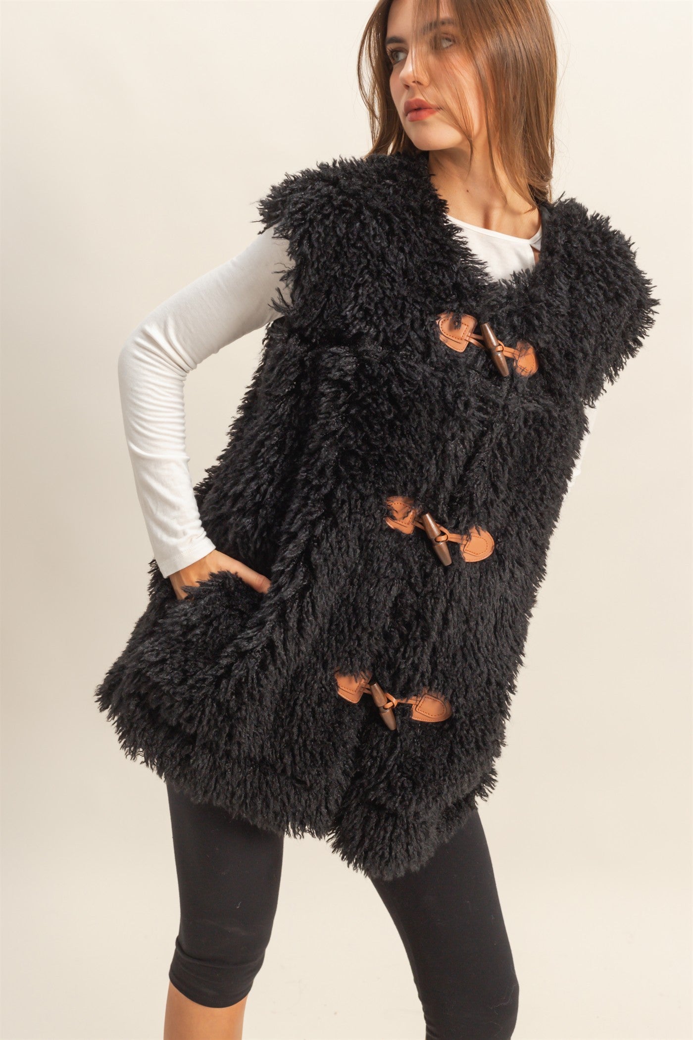 Black Fuzzy Vest with Toggle Closure