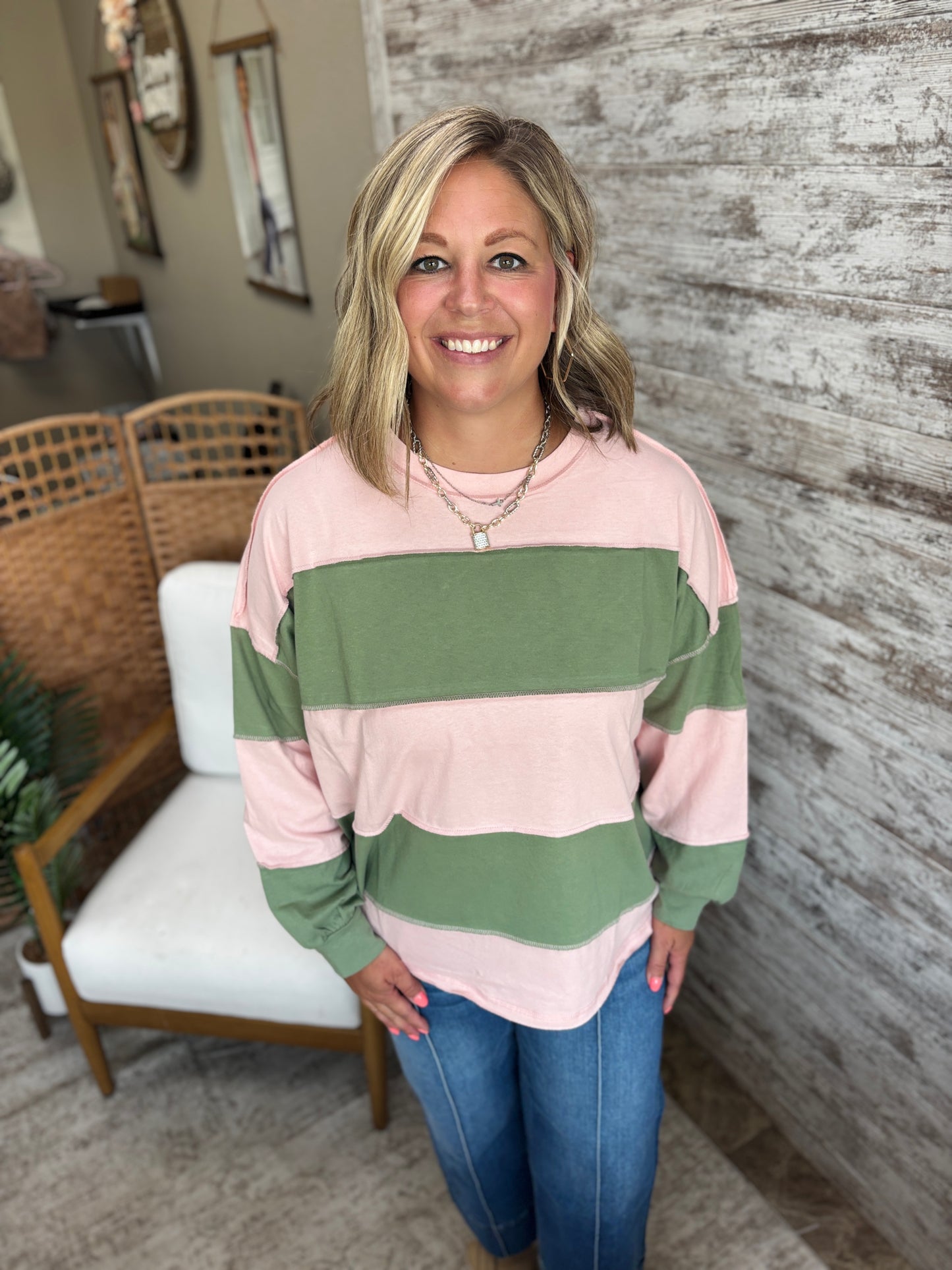 Peony/Green Color Block Striped Pullover