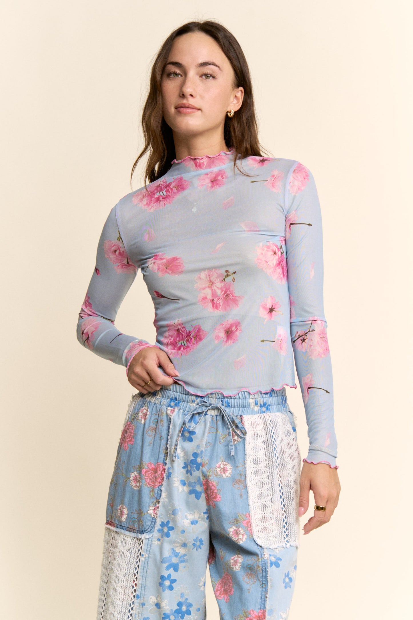 Aqua Blue and Pink Foral Mesh Top