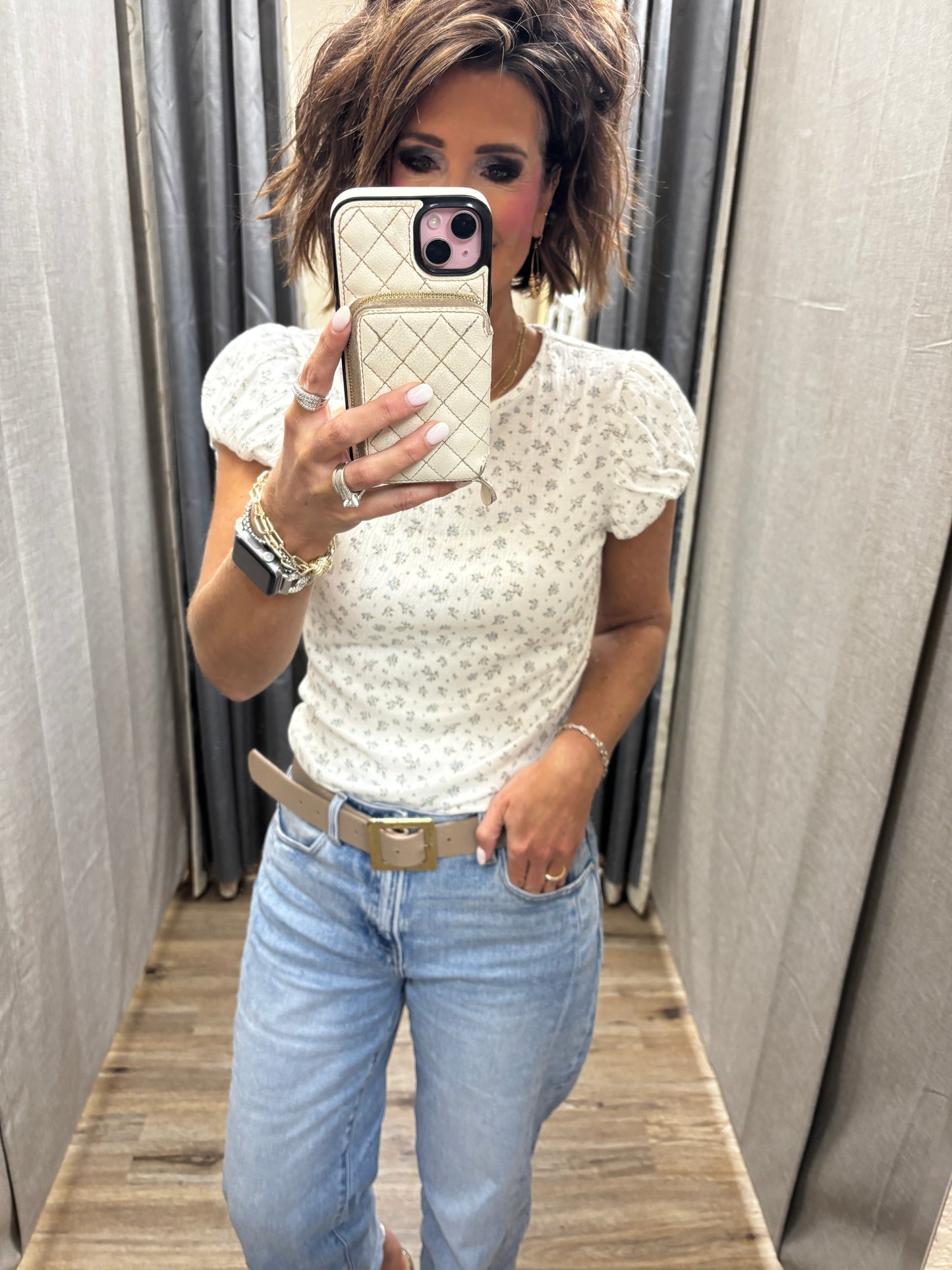 Off White Floral Top with Puff Cap Sleeve