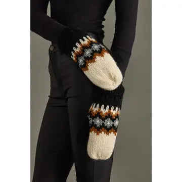 Cream, Rust, Black and Grey Patterned Fleece Lined Mittens