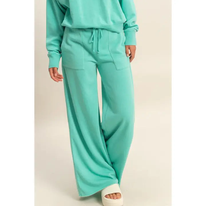 Turquoise French Terry Wide Leg Pant