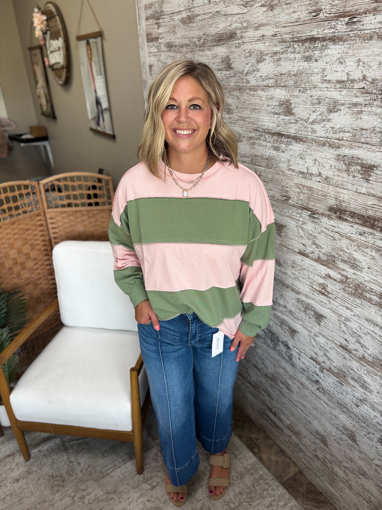 Peony/Green Color Block Striped Pullover