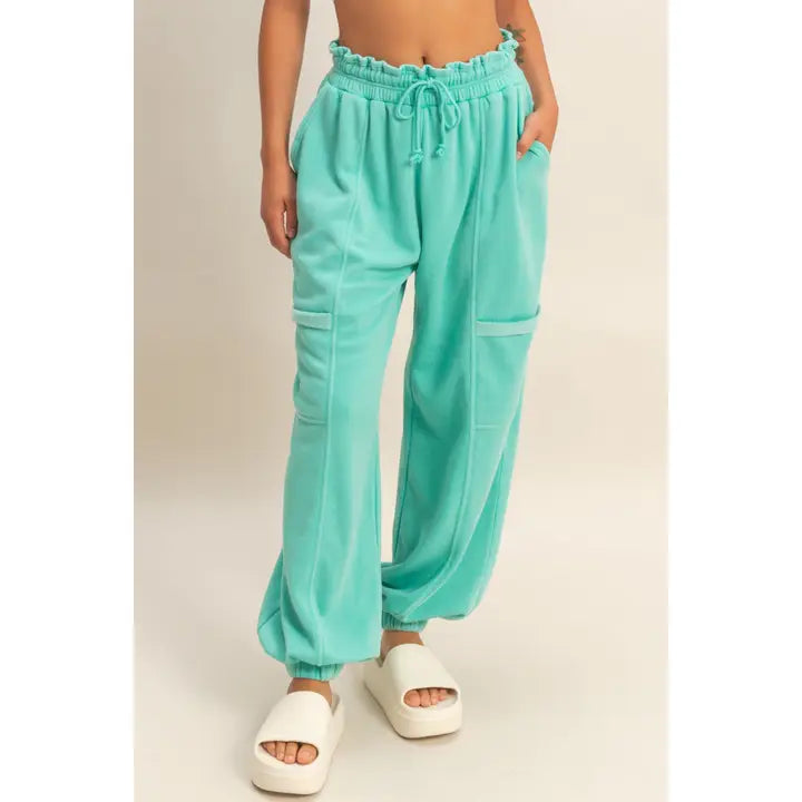 Turquoise Ruffle Waist Burnout Jogger Pants