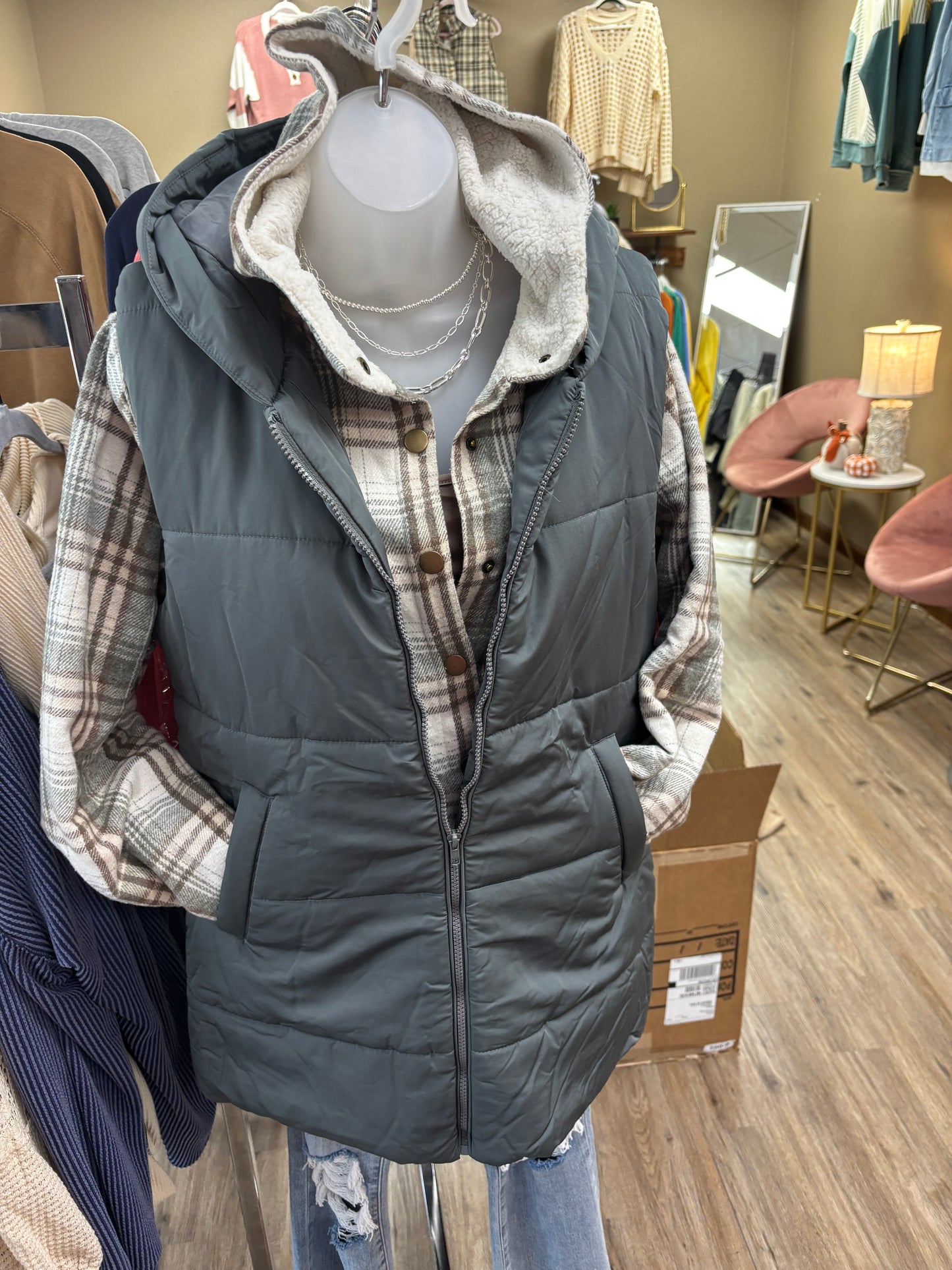 Dk Green Zip Front Tunic Puffer Vest
