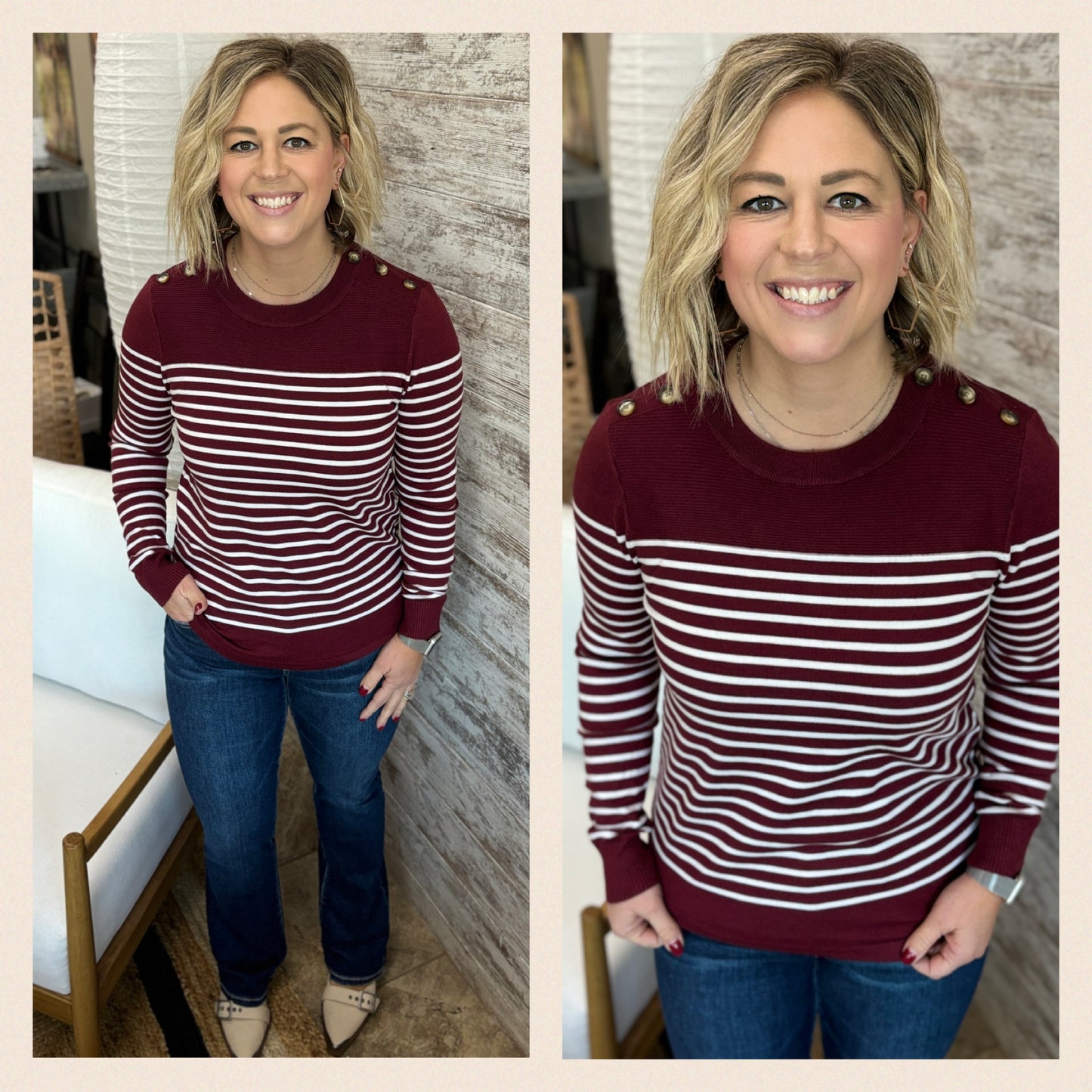 Burgundy and Ivory Striped Sweater with Button Detail