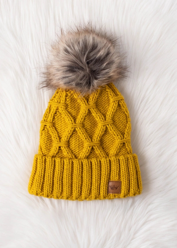Mustard Cable Knit Pom Hat