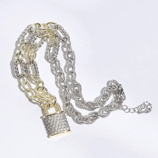 Two Tone Linked Solid and Twisted Chain Cz Lock Necklace