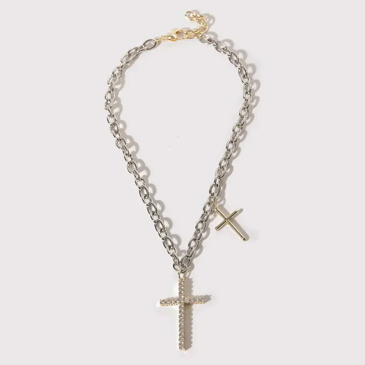 Rope Chain Cz Pave Cross Necklace