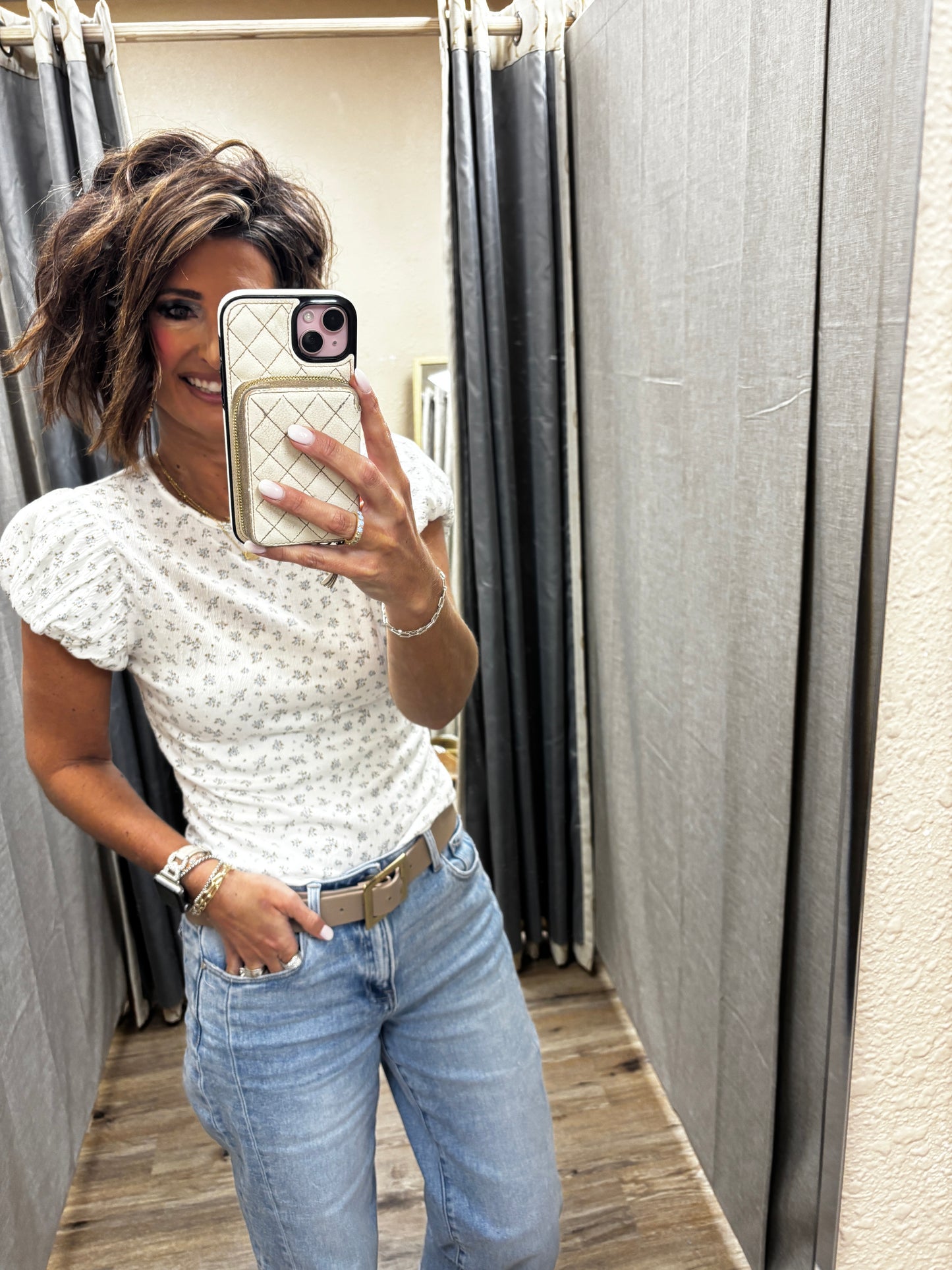 Off White Floral Top with Puff Cap Sleeve