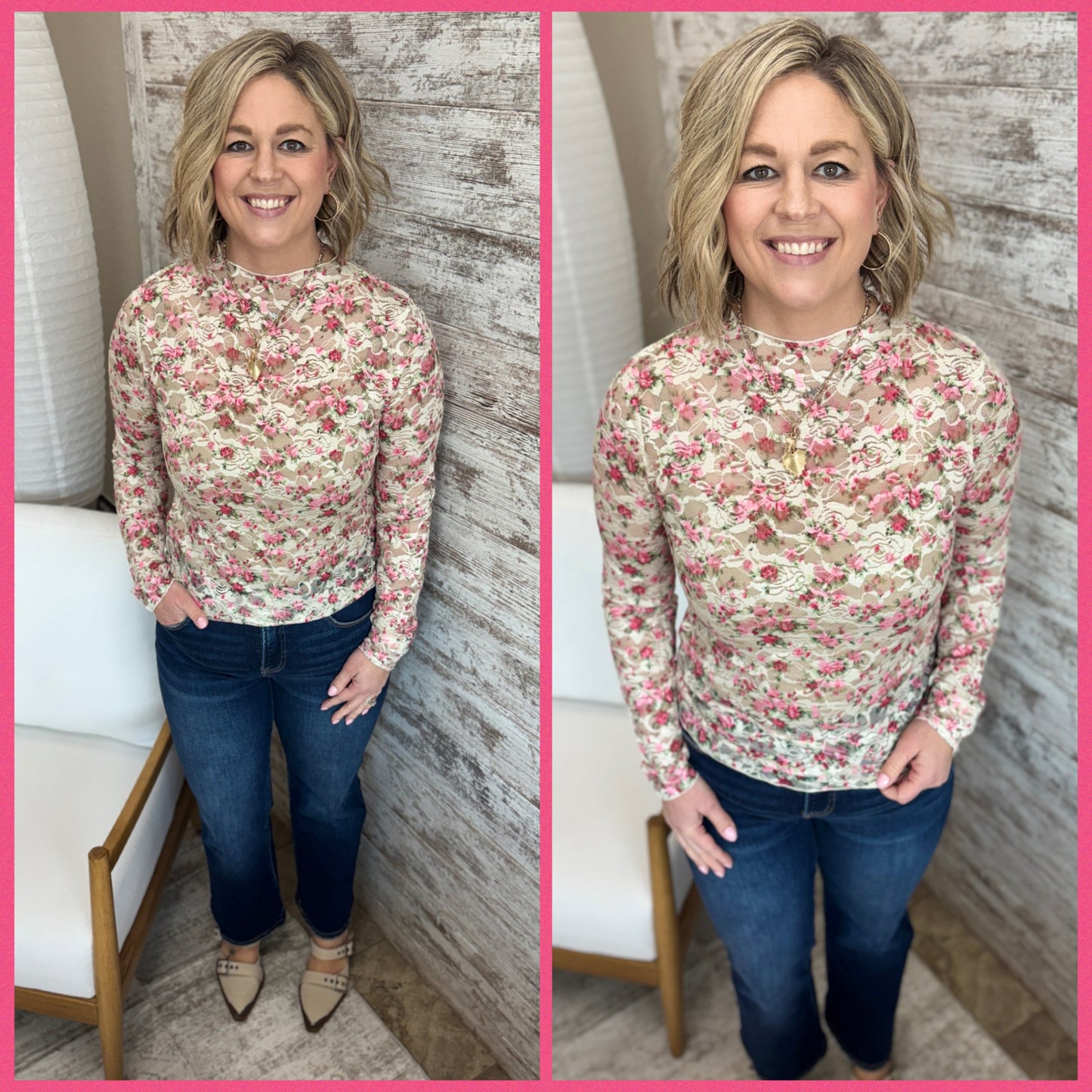 Cream and Pink Floral Mesh Top