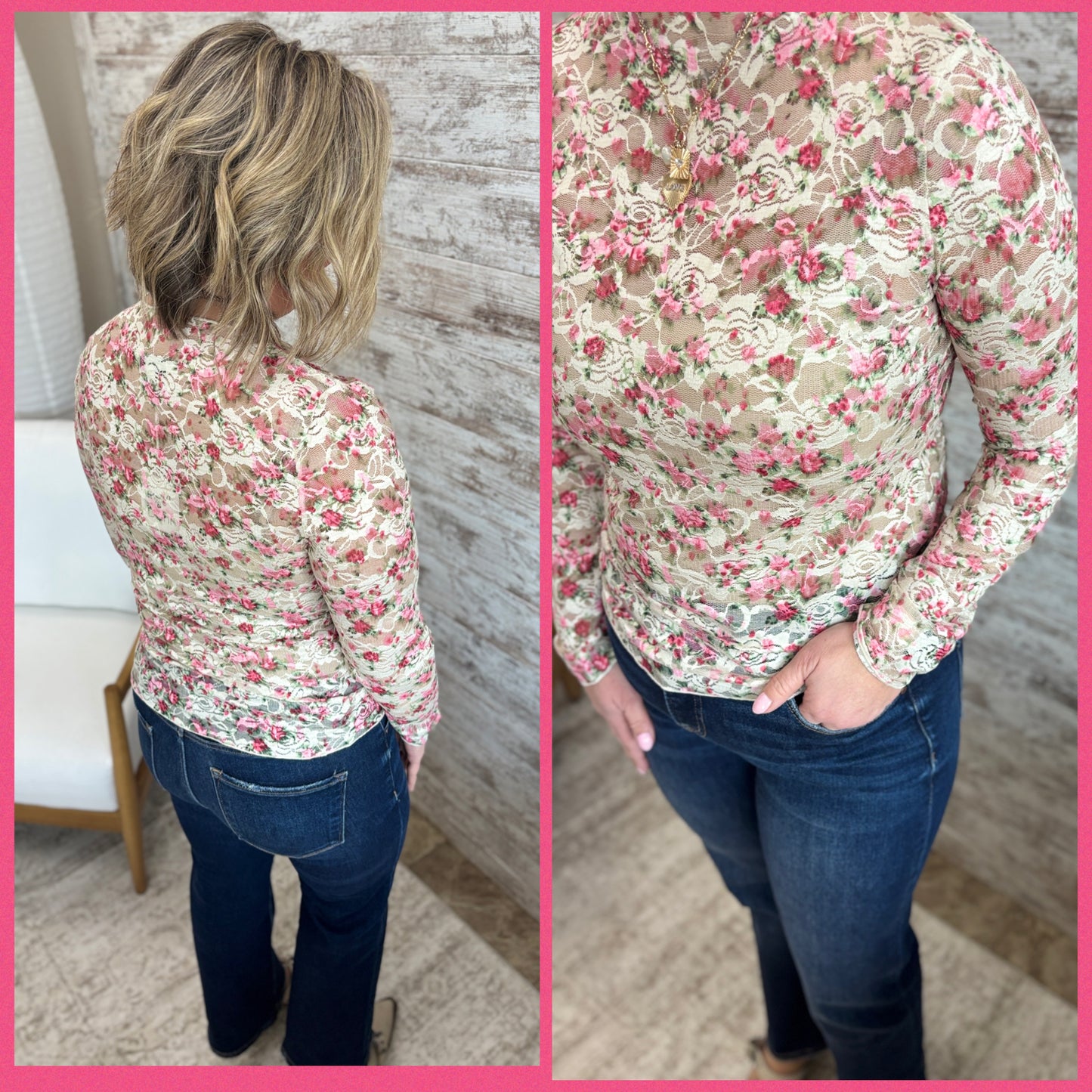 Cream and Pink Floral Mesh Top