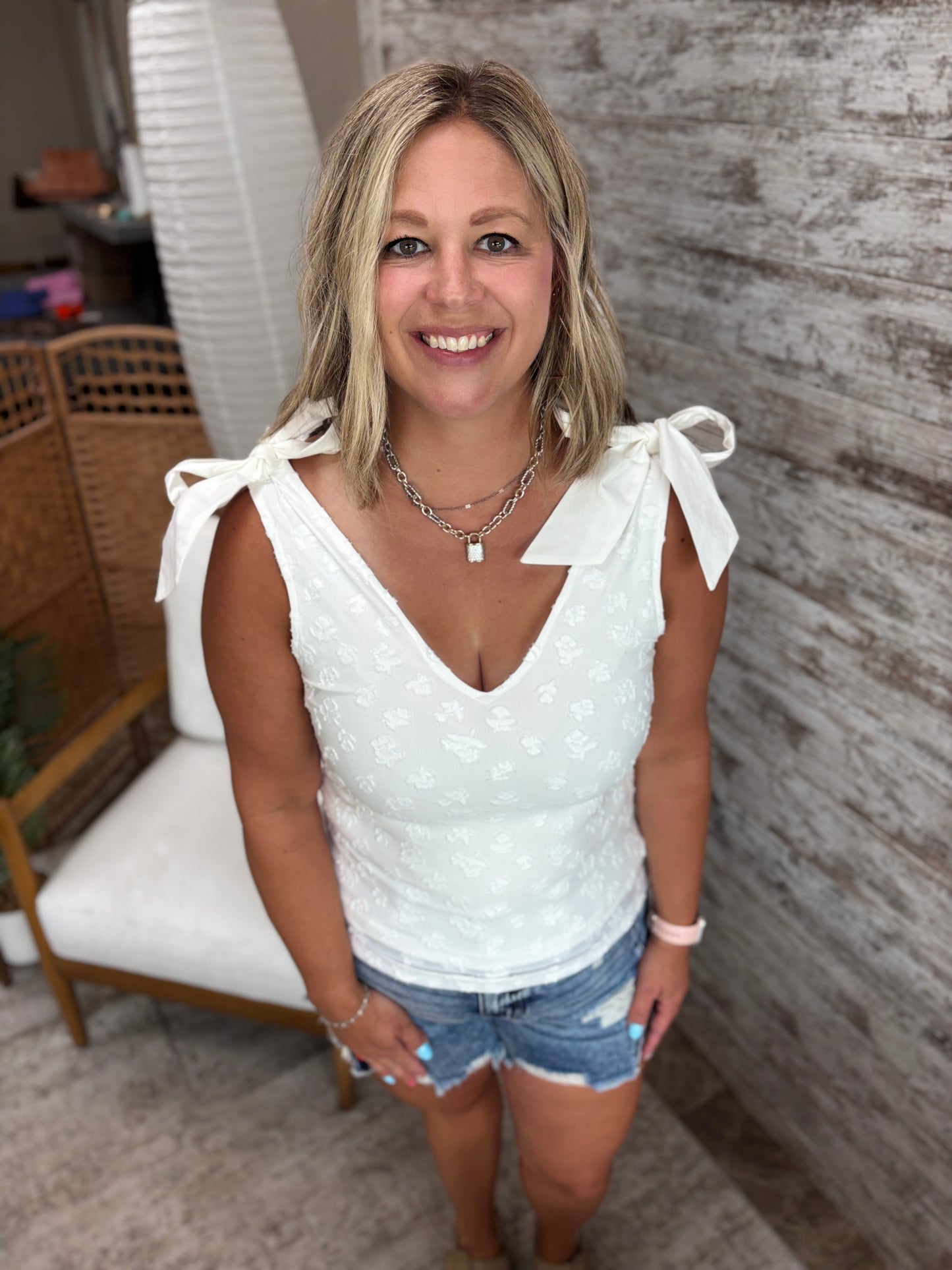 White Jacquard Tank with Ribbon Detail