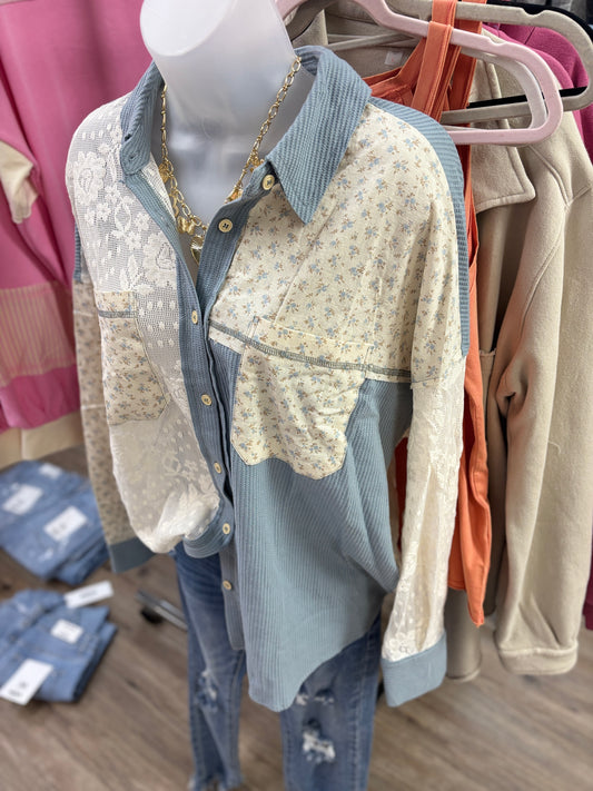 Contrast Ribbed/Lace Button Down-2 Colors