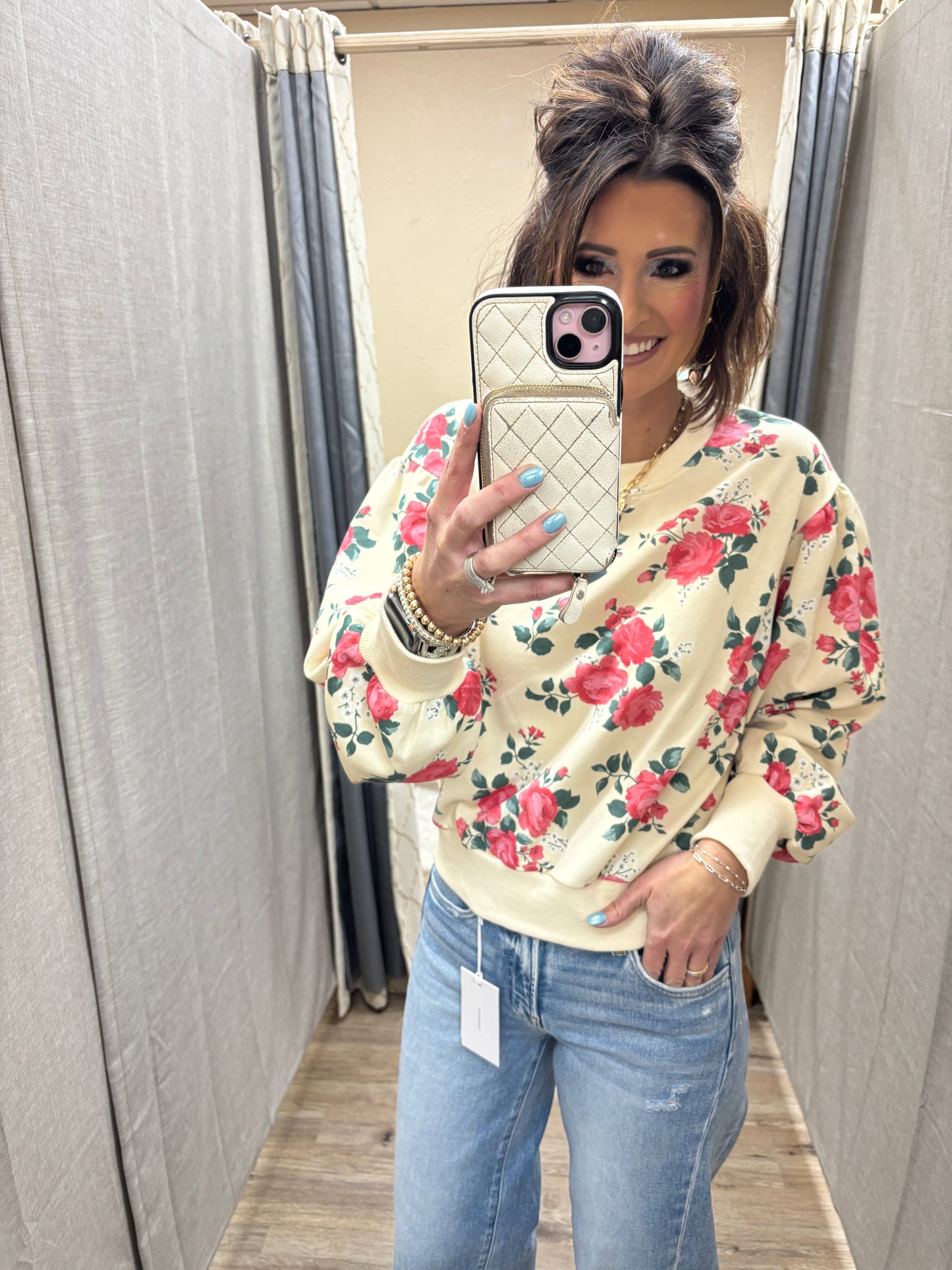 Cream/Coral Red Rose Printed Pullover