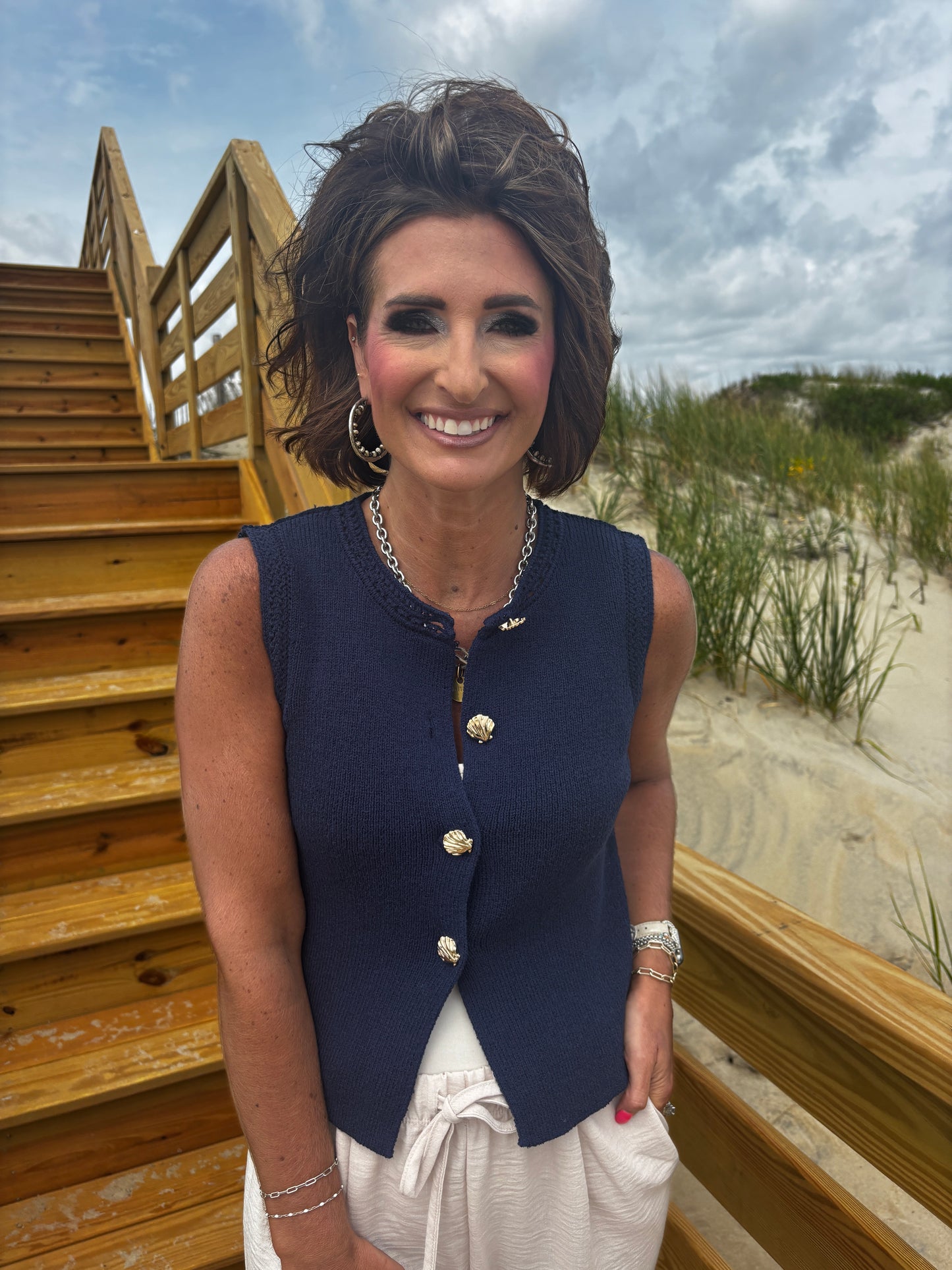 Navy Sweater Tank with Gold Seashell Button