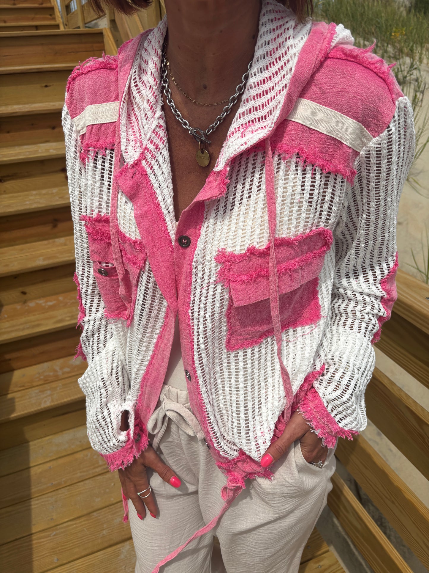 Pink Multi Woven Button Down With Hood
