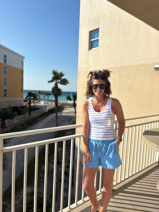 White/Midnight Navy Ribbed Tank with Built in Bra