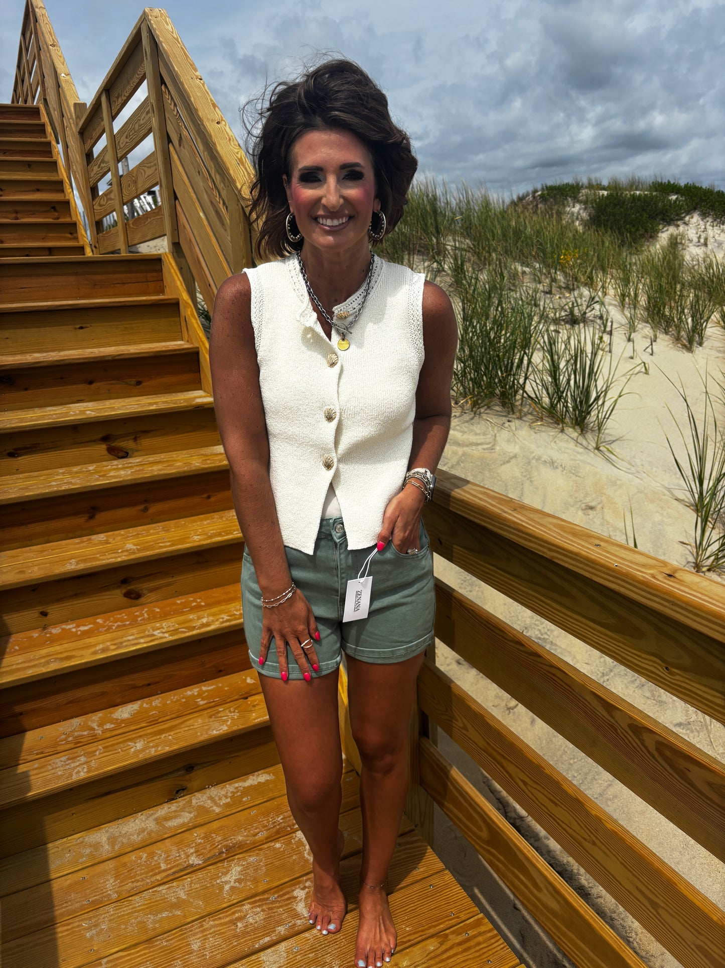 Cream Sweater Tank with Gold Seashell Button