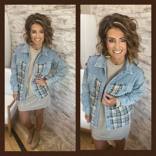 Denim and Plaid Mixed Jacket