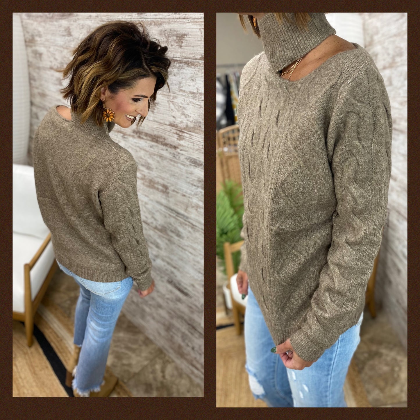 Taupe Mock Neck Sweater with Open Shoulder