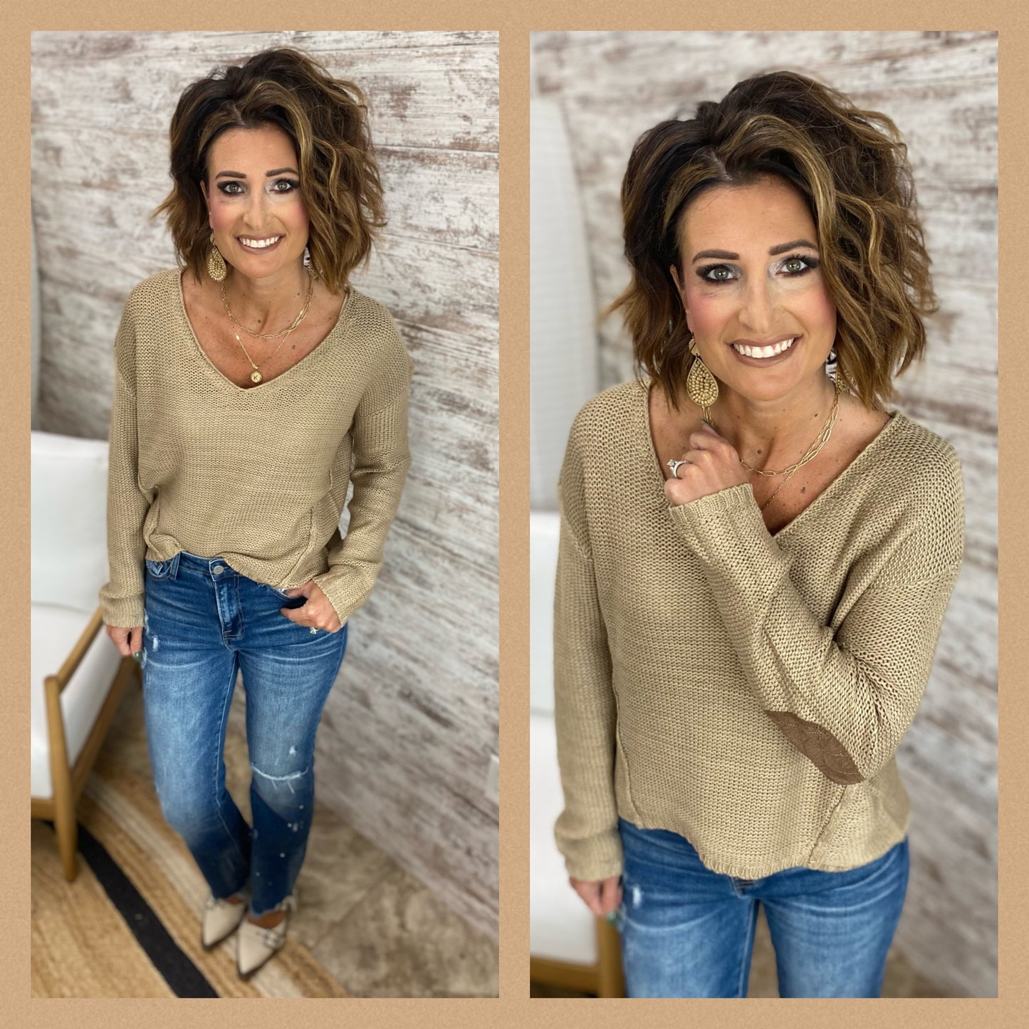 Khaki Sweater with Elbow Patch