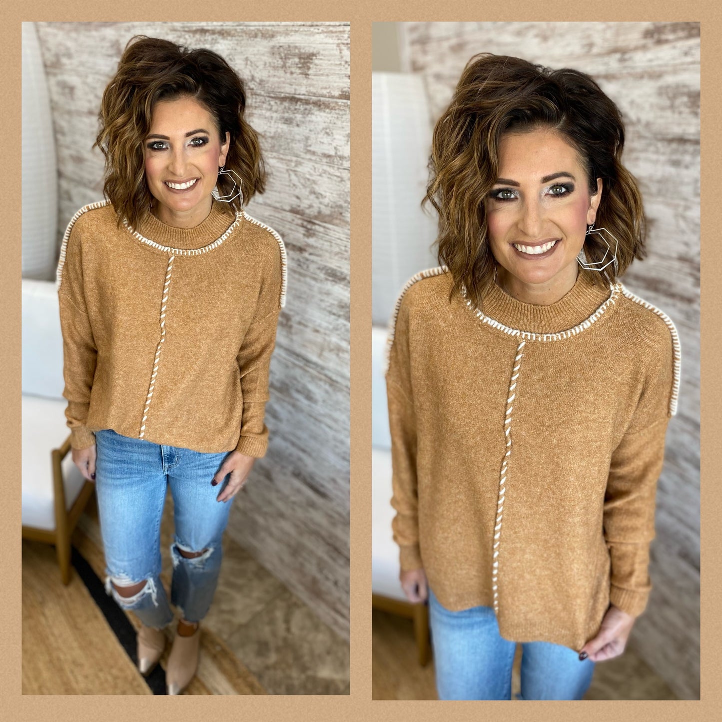 Camel Mock Neck Sweater with Stitching Detail