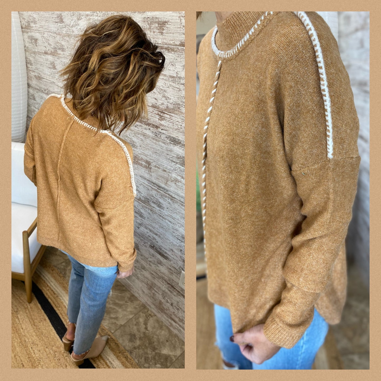 Camel Mock Neck Sweater with Stitching Detail