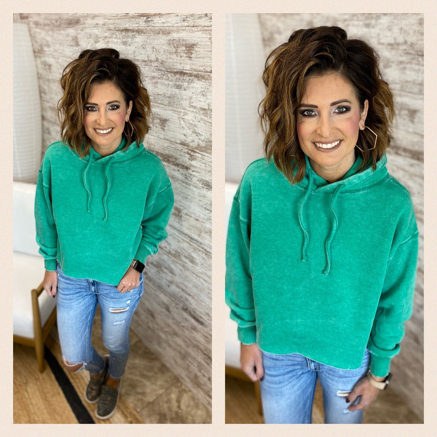 Kelly Green Fleece Cropped Hoodie with Raw Edge