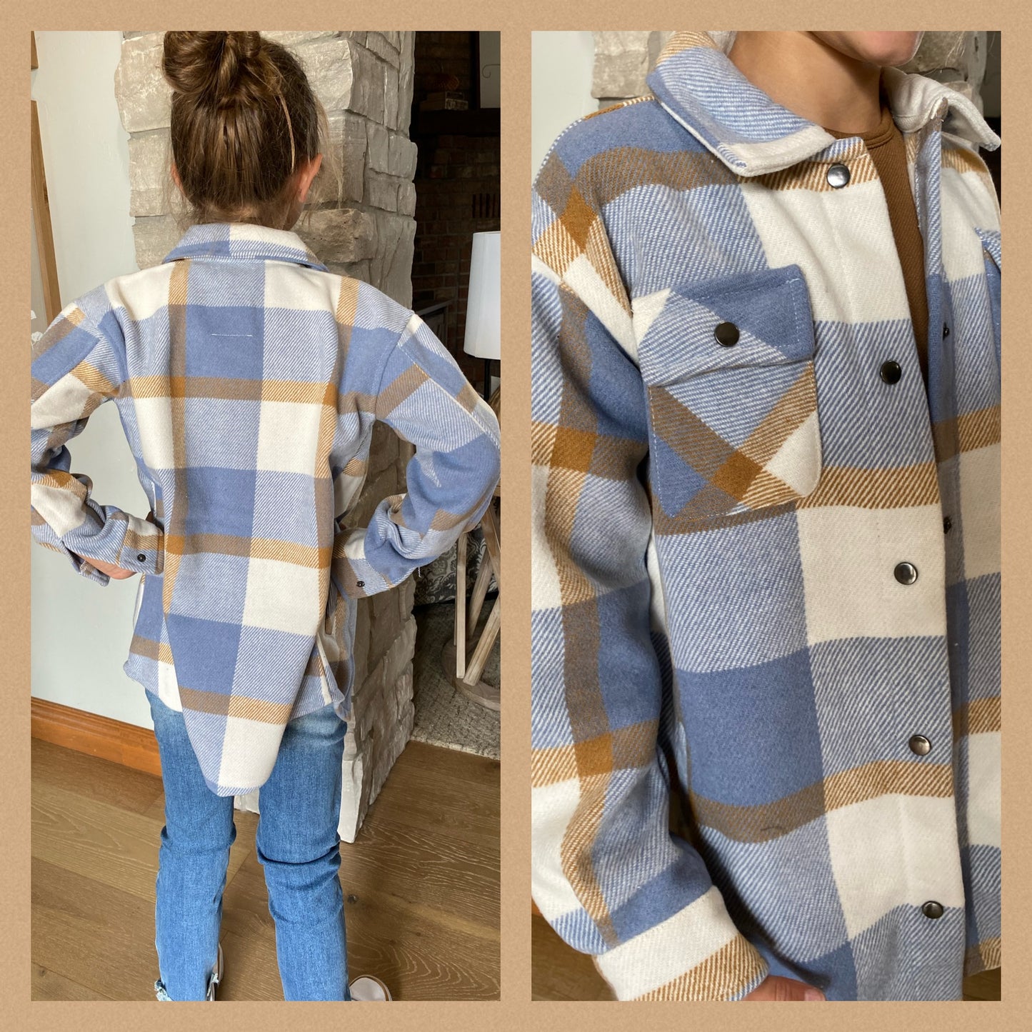 Youth Blue Camel Plaid Shacket