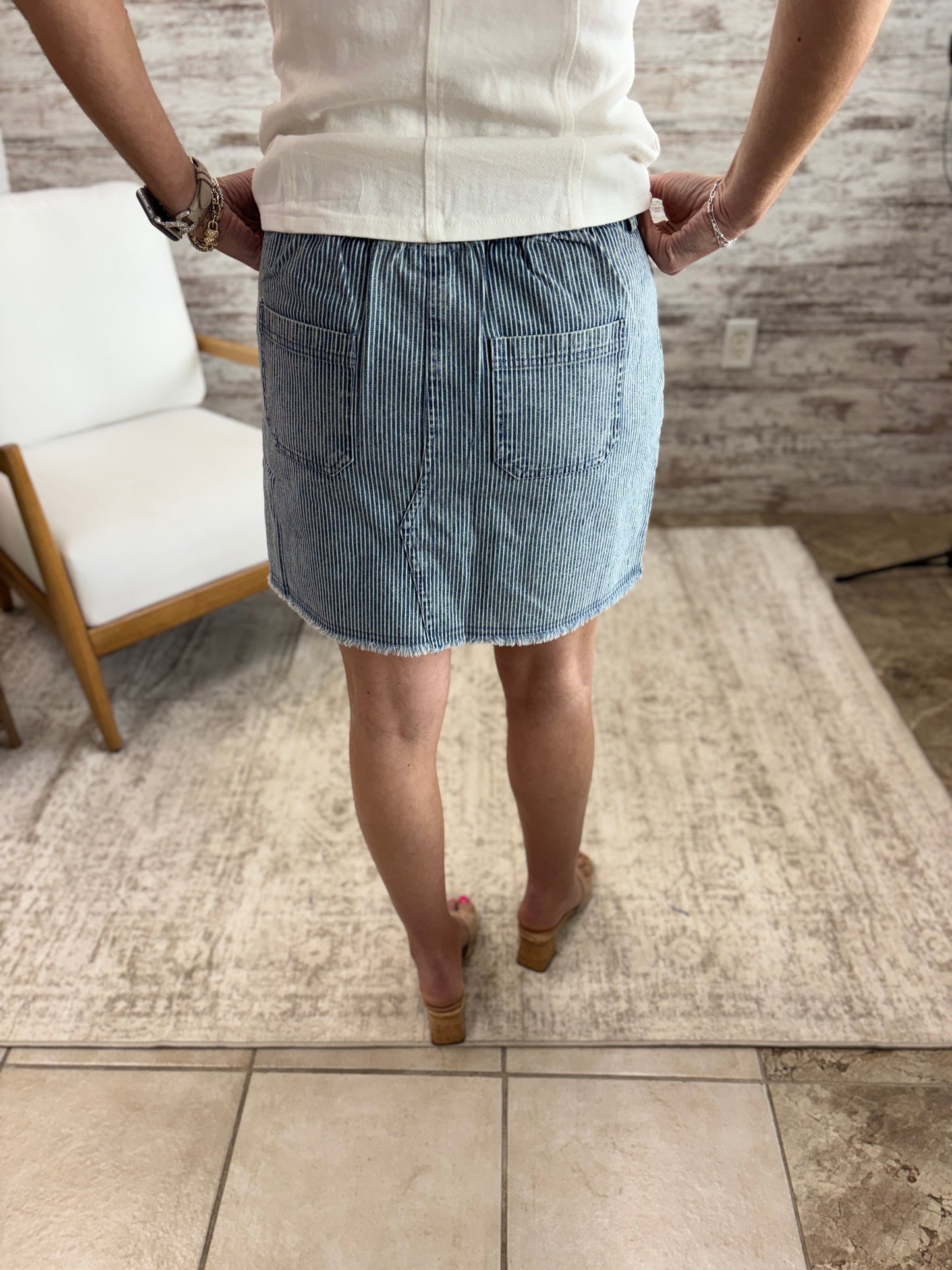 Mineral Washed Striped Denim Mini Skirt