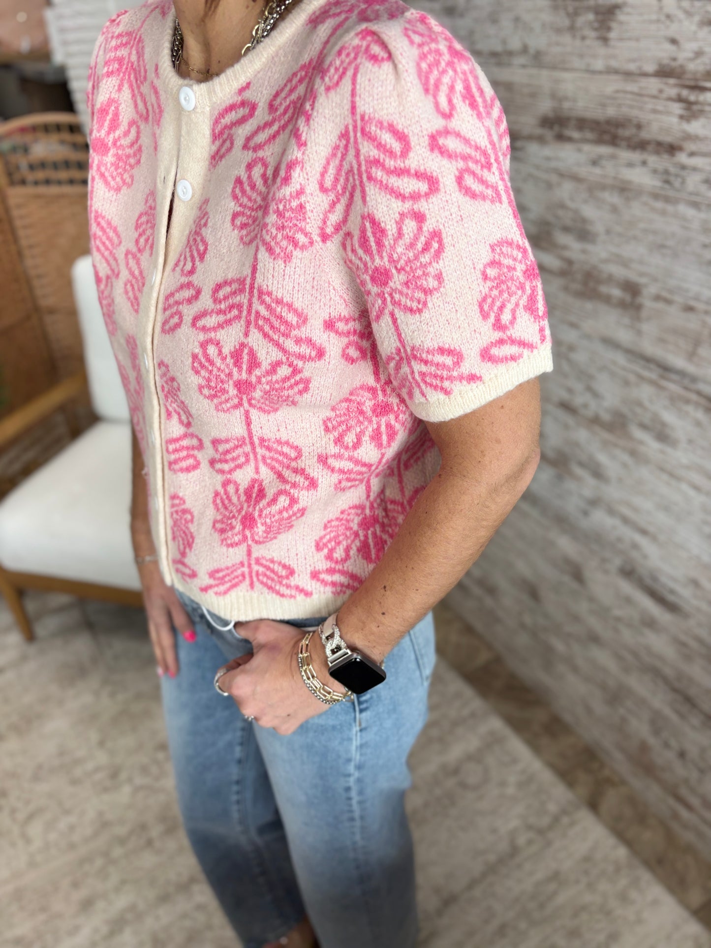 Pink Floral Puff Short Sleeve Cardigan