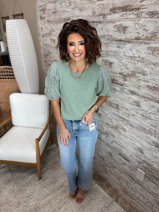 Sage Mineral Washed Puff Sleeve Top