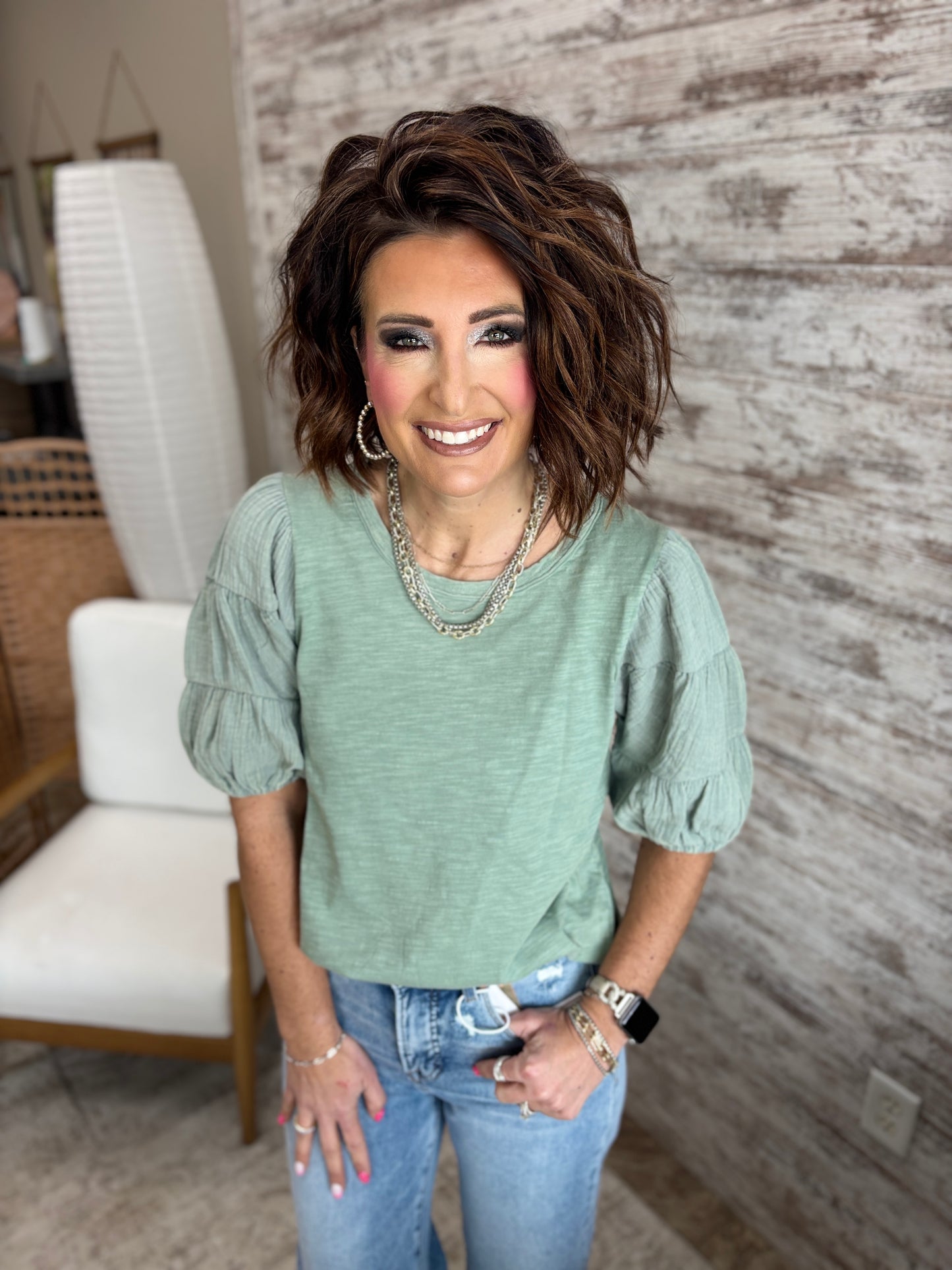 Sage Mineral Washed Puff Sleeve Top