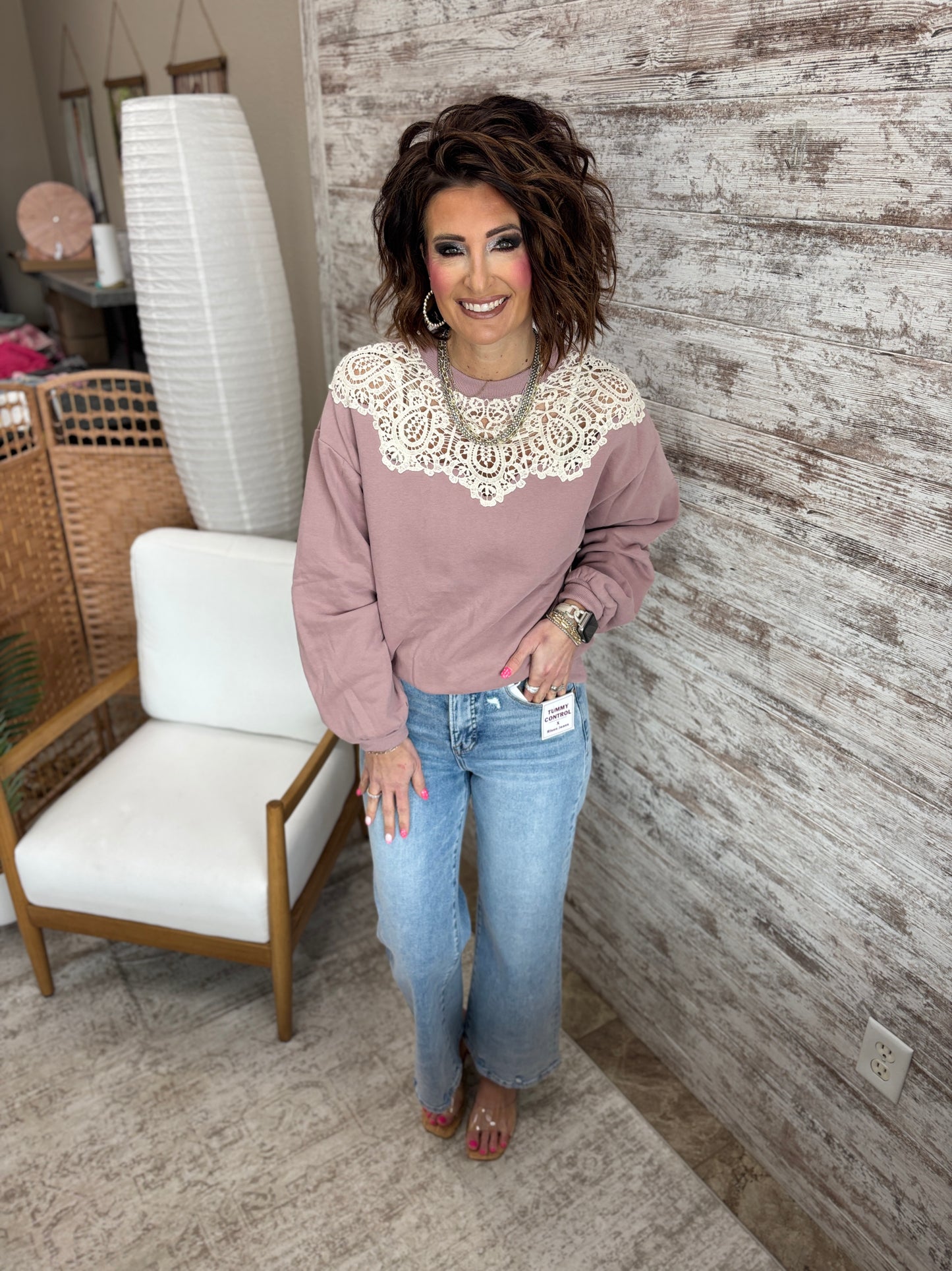 Rose Crochet Trim Crew Neck