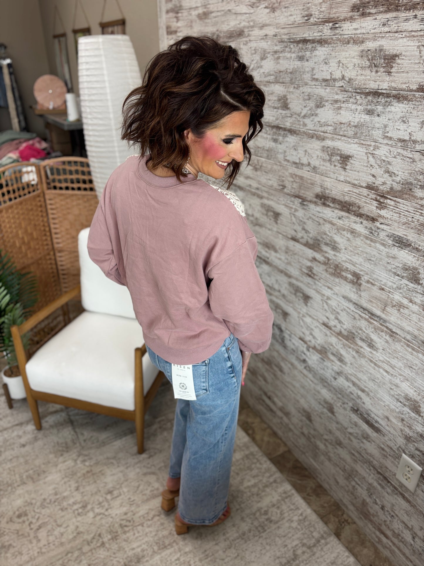 Rose Crochet Trim Crew Neck