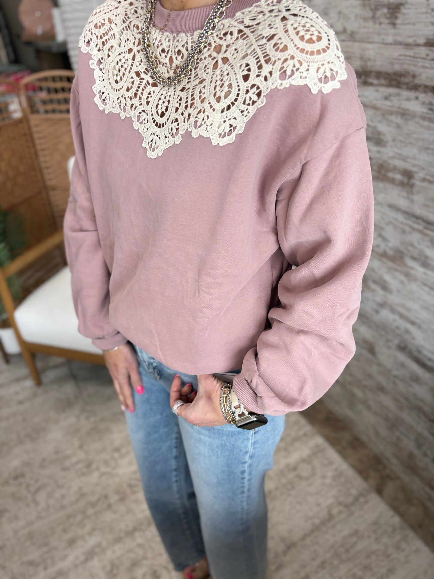 Rose Crochet Trim Crew Neck