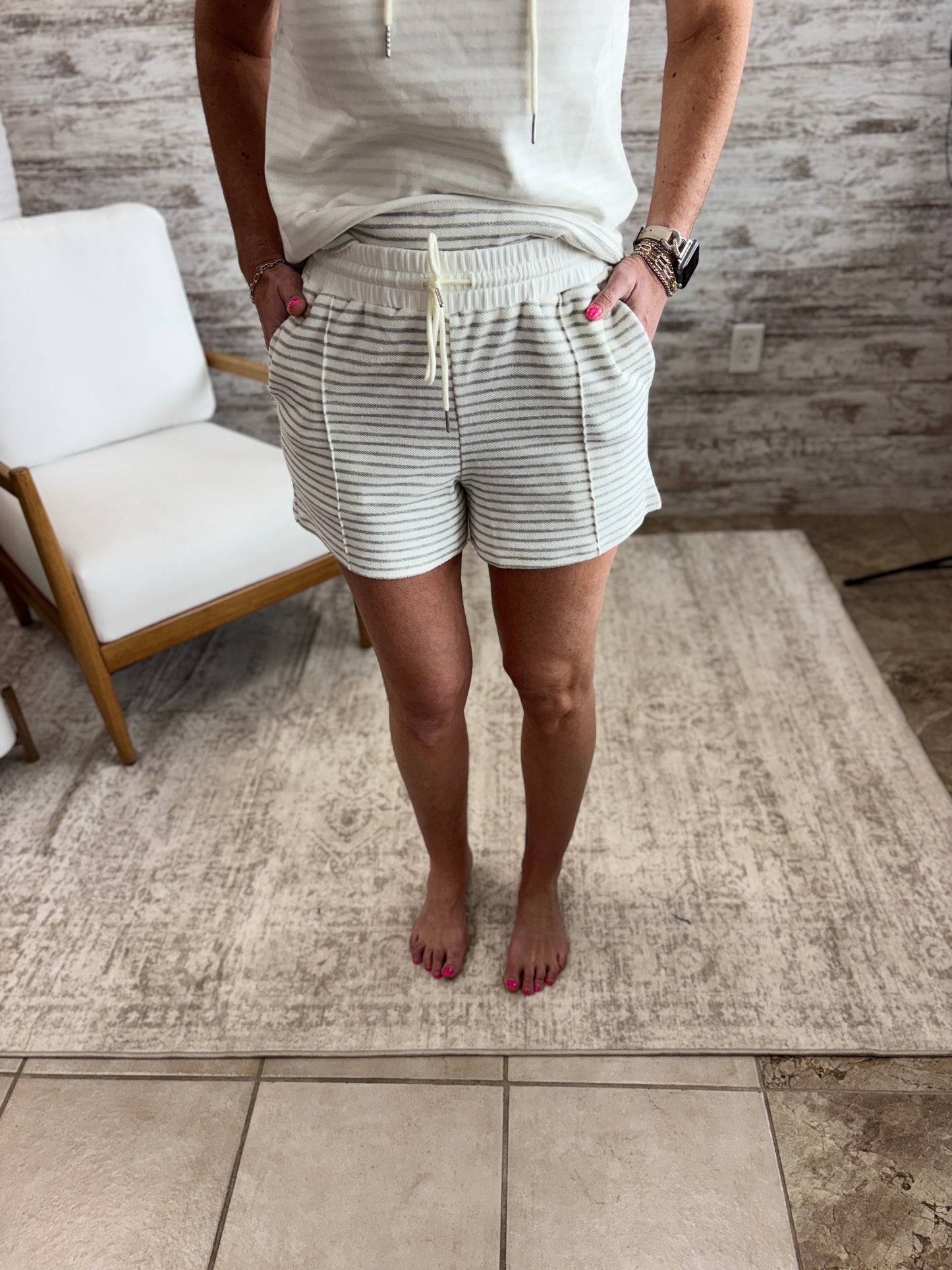 Ivory Striped Shorts with Elastic Waist