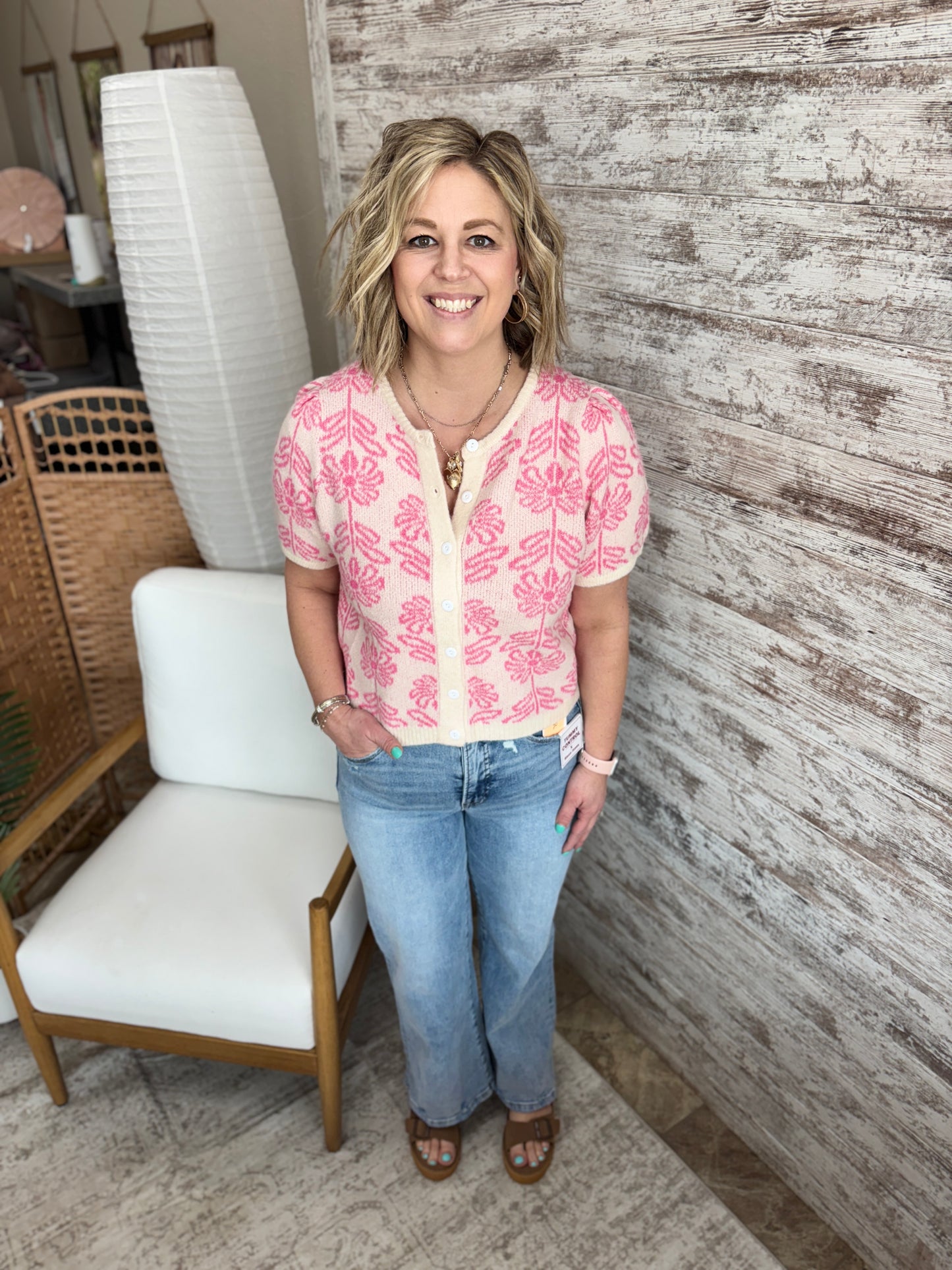 Pink Floral Puff Short Sleeve Cardigan