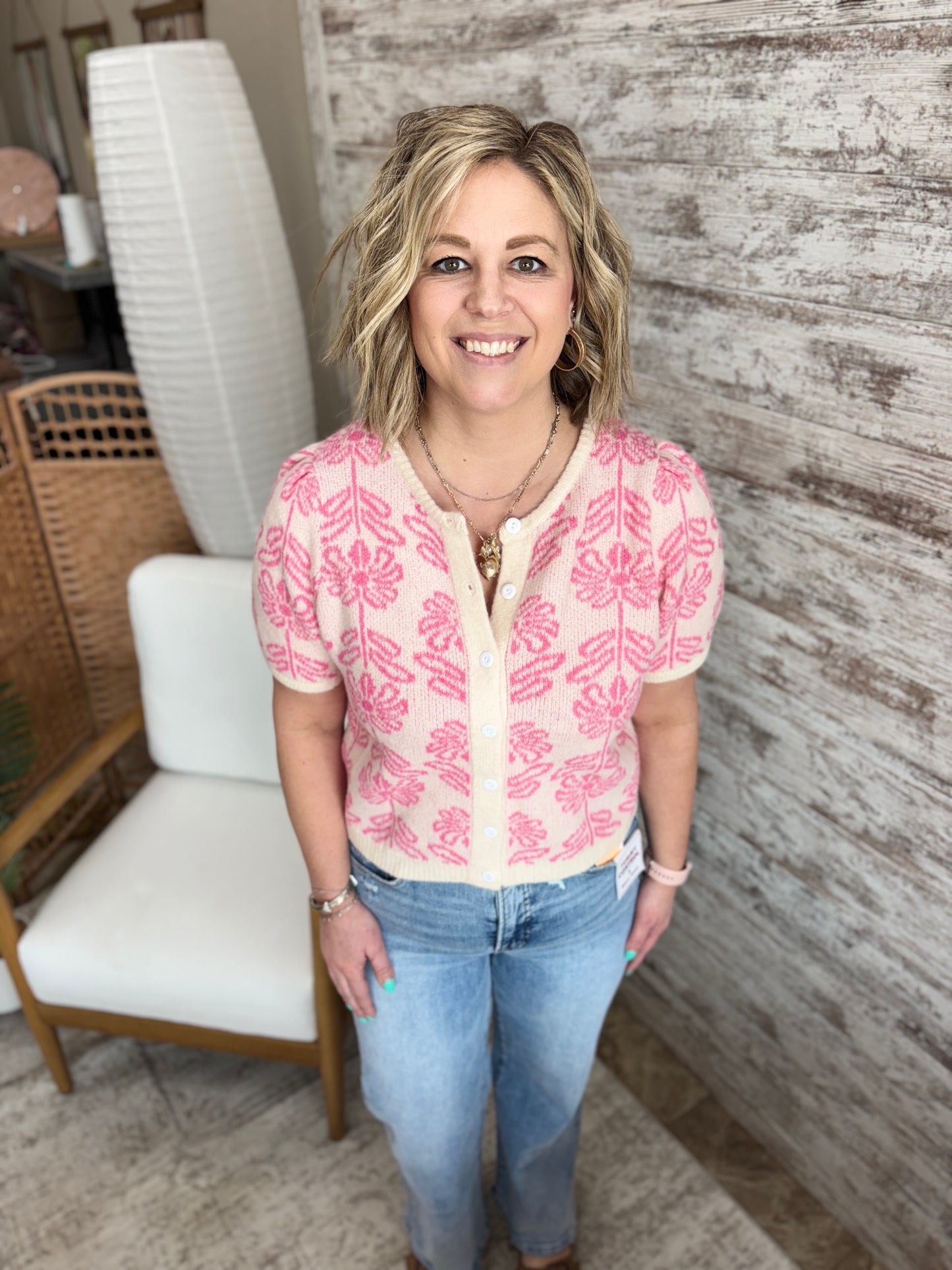 Pink Floral Puff Short Sleeve Cardigan