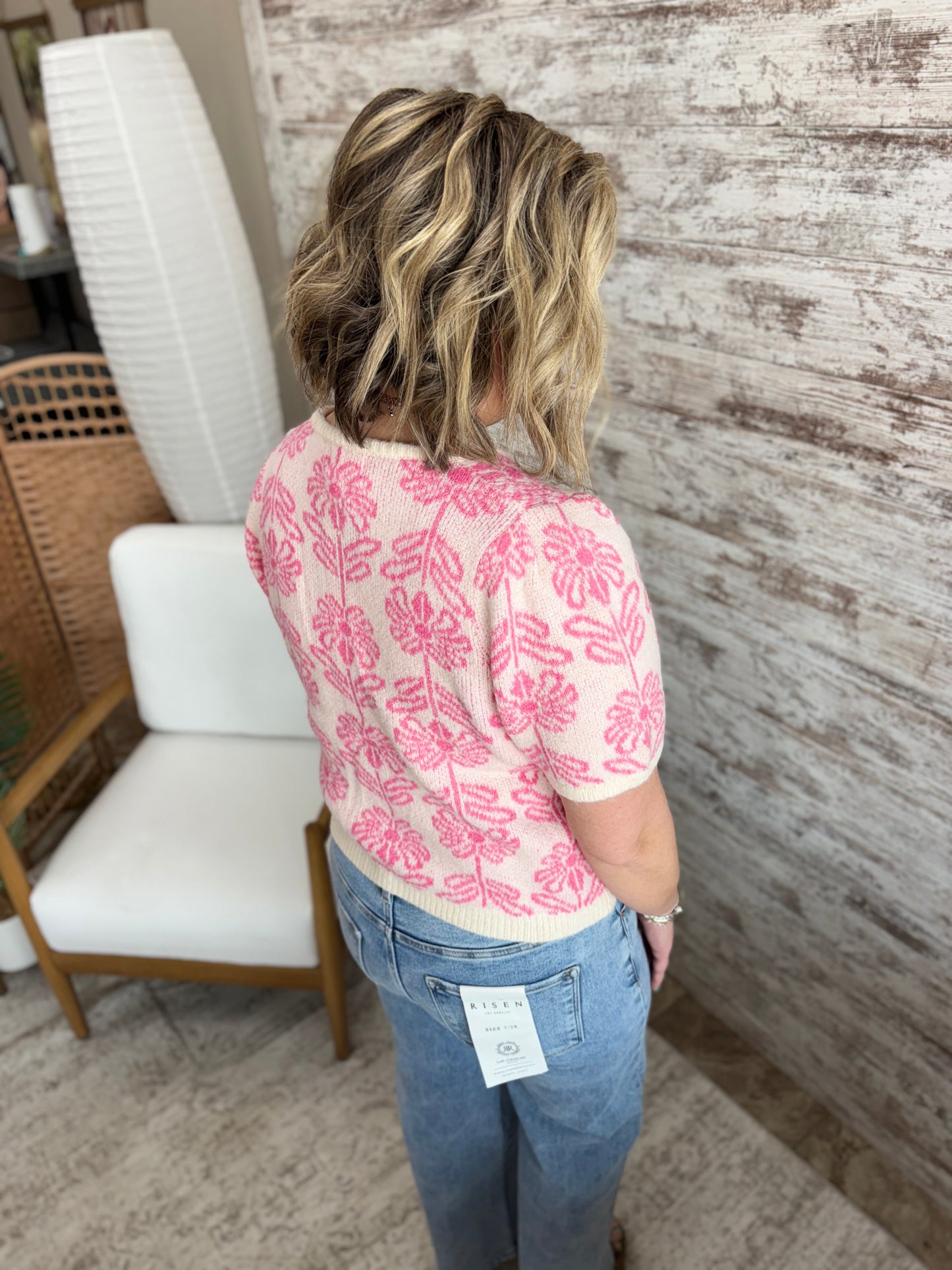 Pink Floral Puff Short Sleeve Cardigan