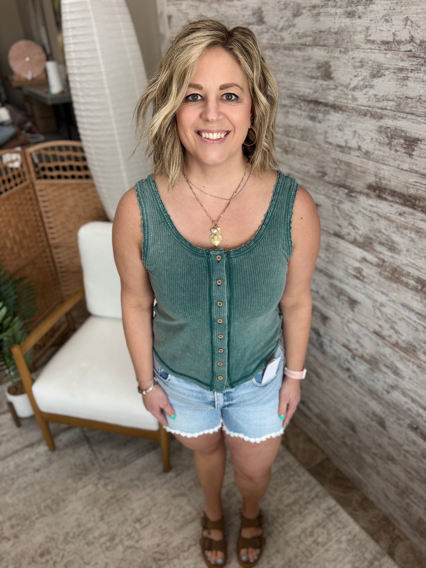 Green Mineral Washed Button Down Tank