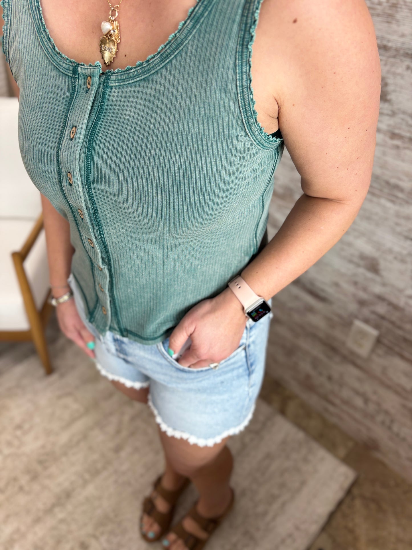Green Mineral Washed Button Down Tank