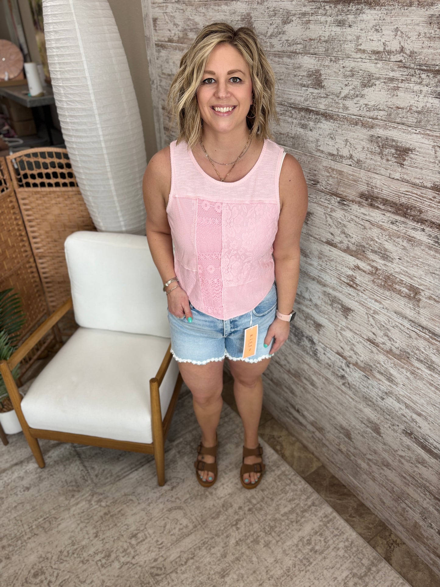 Pink Blush Mixed Lace Patchwork Cropped Tank